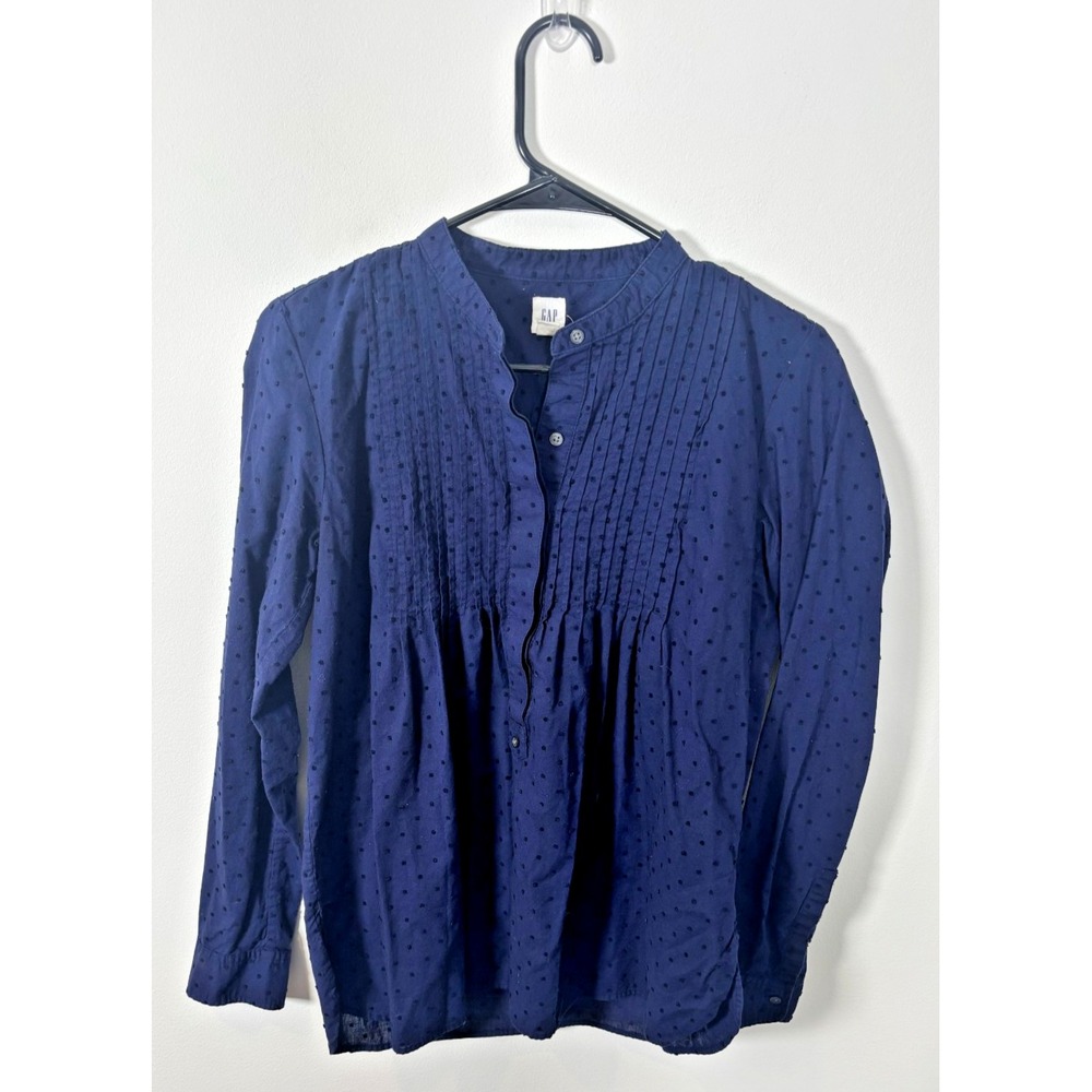 GAP Women Size XS Long Sleeve Shirt Navy Blue Pleated Cotton Blouse